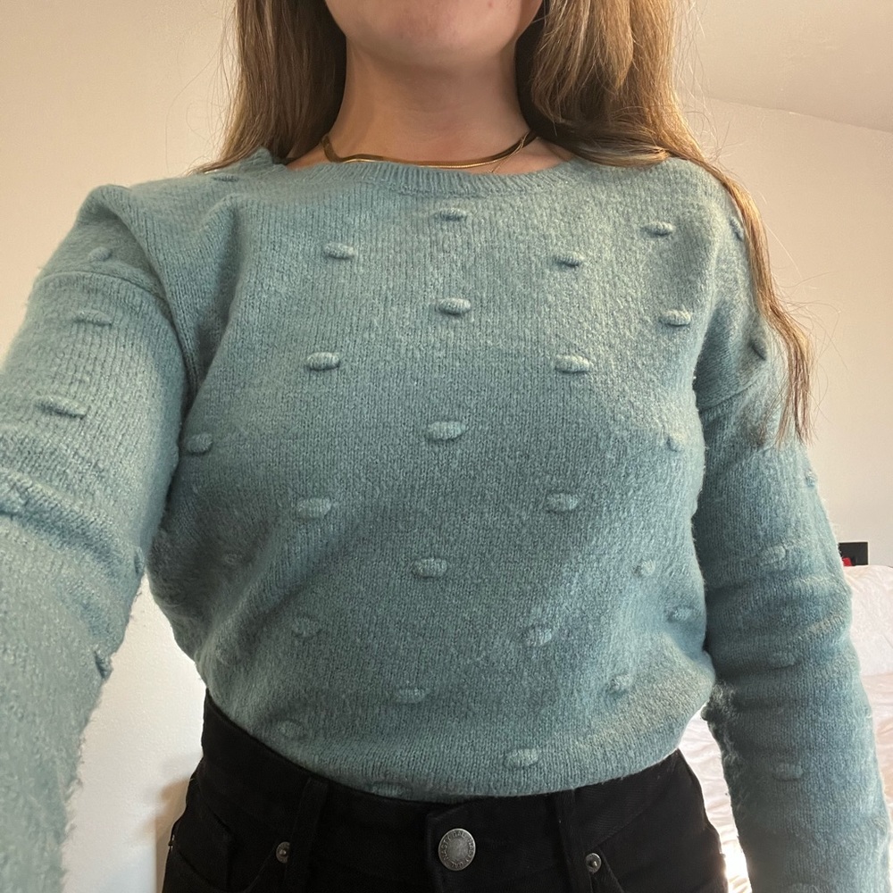 Dillard’s light blue sweater with raised polka dots